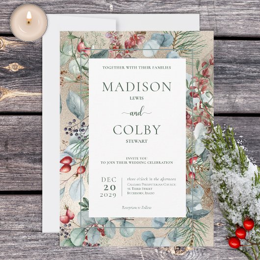 Winter Weihnachtsgrün Gold Hochzeit Einladung