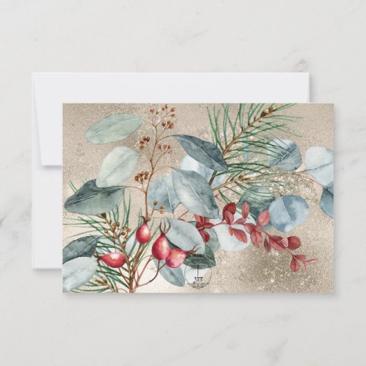 Winter Weihnachtsgrün Gold Hochzeit zwei Abendesse RSVP Karte (Rückseite)