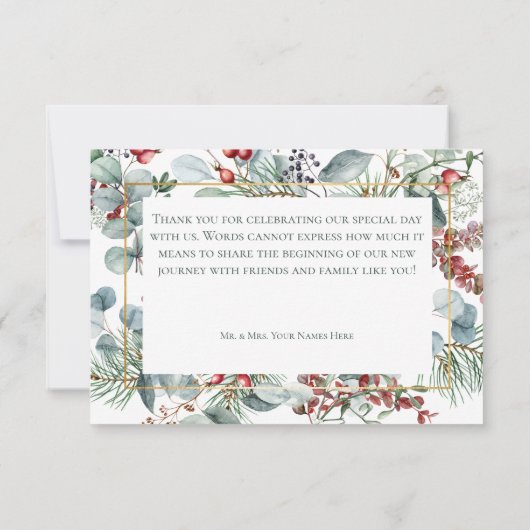 Winter Weihnachtsgrün Hochzeit Dankeskarte (Rückseite)