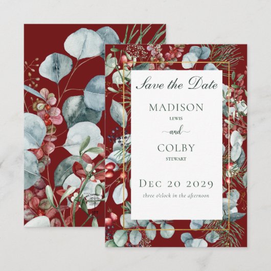 Winter Weihnachtsgrün Red Wedding Save The Date (Vorne/Hinten)