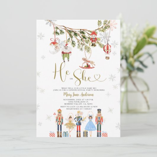 WINTER Weihnachtsschmuck: Er oder sie Geschlecht o Einladung (Stehend Vorderseite)