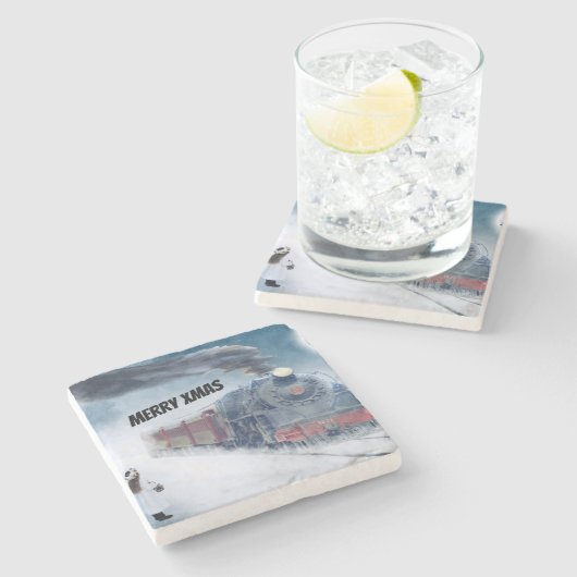 Winter-Weihnachtszug mit Mädchen Steinuntersetzer (Seitenansicht)