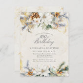 Winter Weiße Blumengrün 100. Geburtstag Einladungspostkarte (Vorne/Hinten)