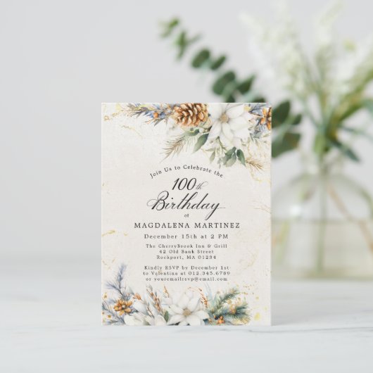 Winter Weiße Blumengrün 100. Geburtstag Einladungspostkarte (Stehend Vorderseite)
