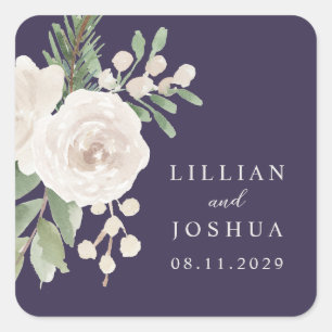 Winter Weiße Botanische Lila Hochzeit Quadratischer Aufkleber