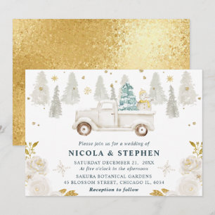 Winter Weiße und Goldene LKW Blumen Hochzeit Einladung
