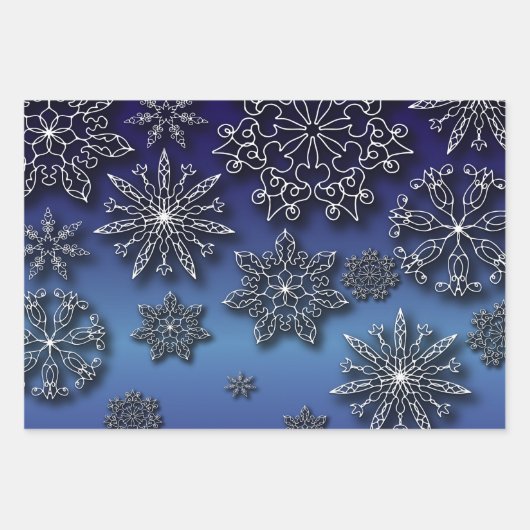 Winter Weißer Papercut Schneeflocken auf blauem Fl Geschenkpapier Set (Vorderseite 3)