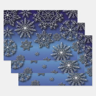 Winter Weißer Papercut Schneeflocken auf blauem Fl Geschenkpapier Set