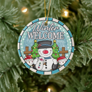 Winter Welcome Snowman Family Weihnachten Keramik Ornament