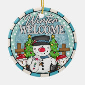 Winter Welcome Snowman Family Weihnachten Keramik Ornament (Vorne)