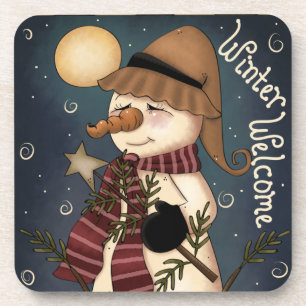 Winter Welcome Snowman Folk Art Cork Untersetzer