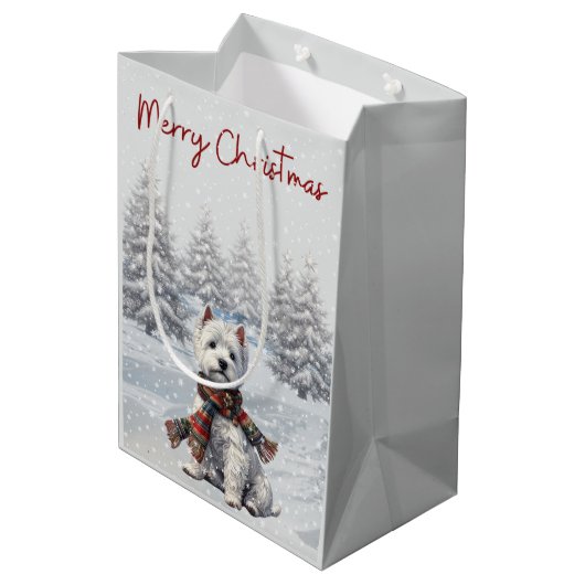 Winter Westie Frohe Weihnachtsgeschenktasche Mittlere Geschenktüte (Rückseite Schrägansicht)