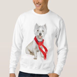 Winter Westie in einem roten Schal Sweatshirt