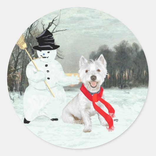 Winter Westie mit einem Schneemann Runder Aufkleber (Vorderseite)