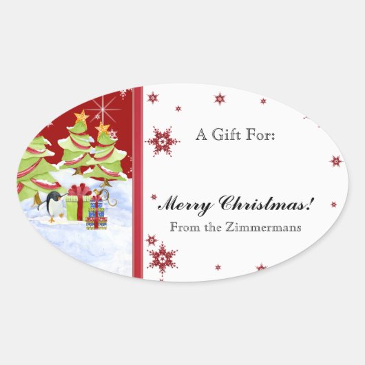 Winter Whimsy Niedlich Pinguin Babys in Snow Star Ovaler Aufkleber (Vorderseite)