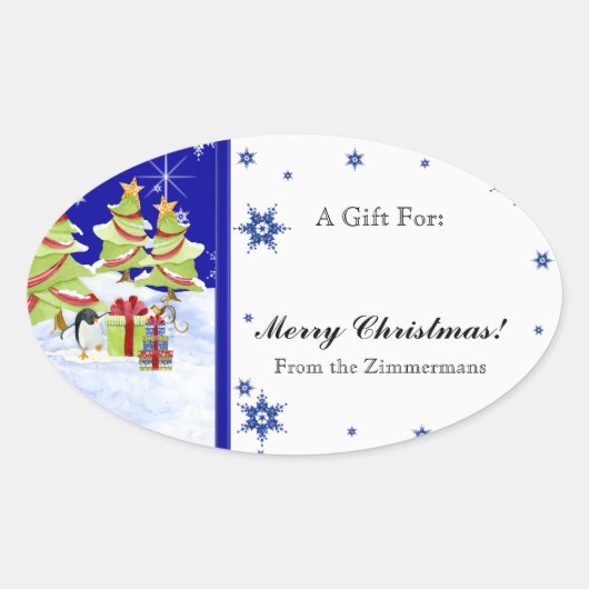 Winter Whimsy Niedlich Pinguin Babys in Snow Star Ovaler Aufkleber (Vorderseite)