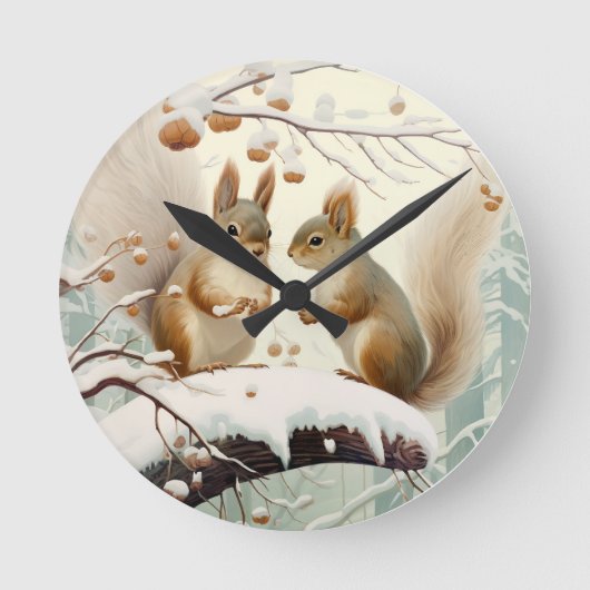 Winter Whispers: Eichhörnchen Snowdance Runde Wanduhr (Vorderseite)