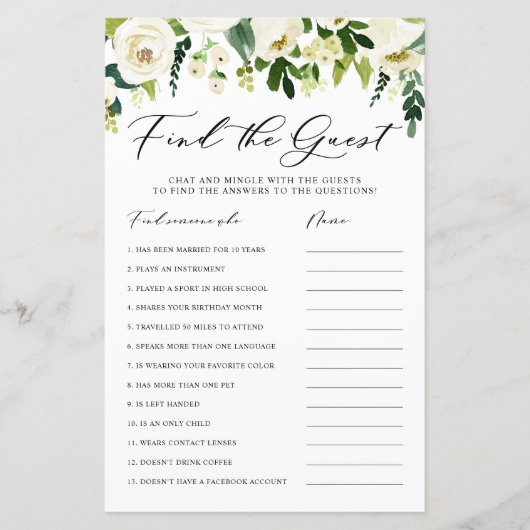 Winter White Blume Finden Sie die Gästekarte (Vorderseite)