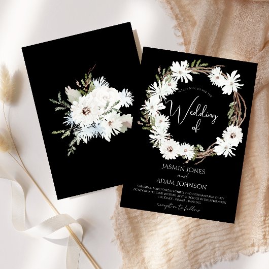 Winter White Floral Black Christmas Wreath Wedding Einladung