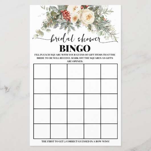 Winter White Floral Bridal Shower Bingo Game Card Flyer (Vorne)
