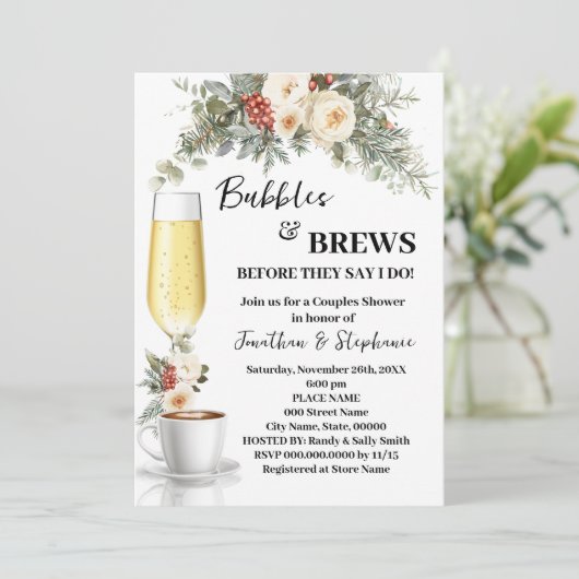 Winter White Floral Bubbles & Brews Coffee Shower Einladung (Stehend Vorderseite)