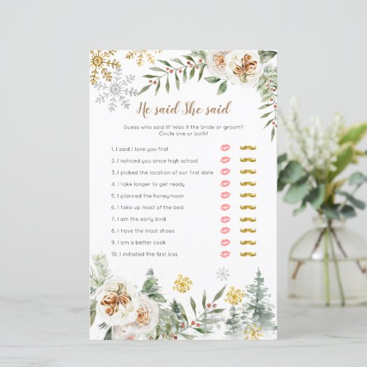 Winter White Floral Er sagte, sie sagte Game Card (Stehend Vorderseite)