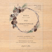 Winter White Floral & Pine Hochzeitskranz Acryleinladungen (Vorderseite)
