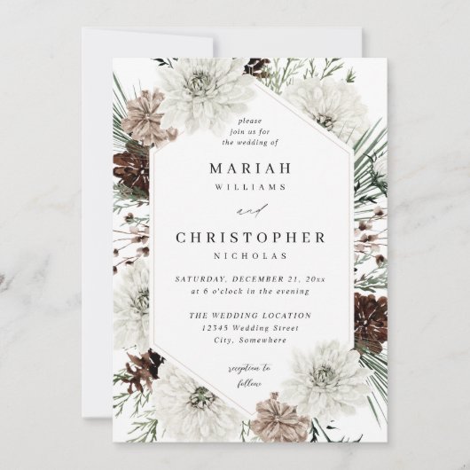 Winter White Floral & Pine Wedding Einladung (Vorderseite)