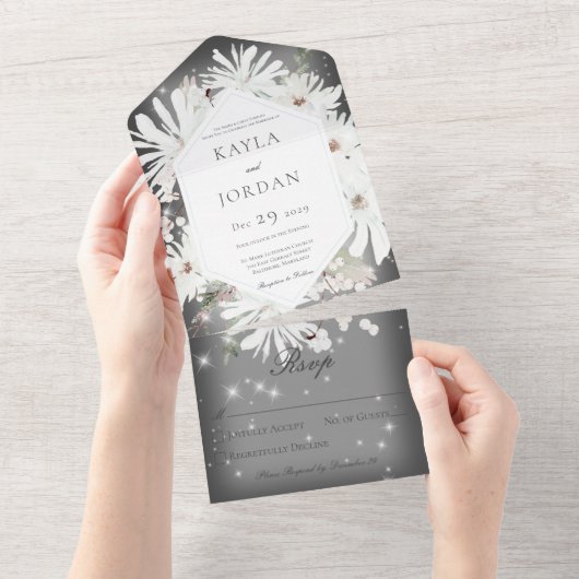 Winter White Floral Sparkle Grau Kein Abendessen All In One Einladung (Abreißen)