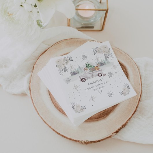 Winter White Floral Woodland Baby Dusche Serviette