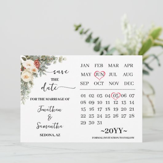 Winter White Flowers Calendar Save The Date (Stehend Vorderseite)