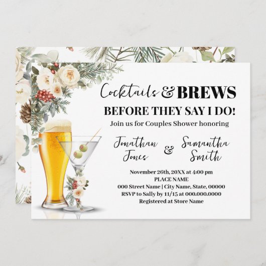Winter White Flowers Cocktails & Brews Shower Einladung (Vorne/Hinten)