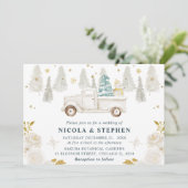 Winter White & Gold Truck Floral Wedding Einladung (Stehend Vorderseite)