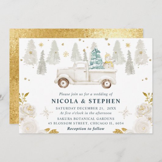 Winter White & Gold Truck Floral Wedding Einladung (Vorne/Hinten)