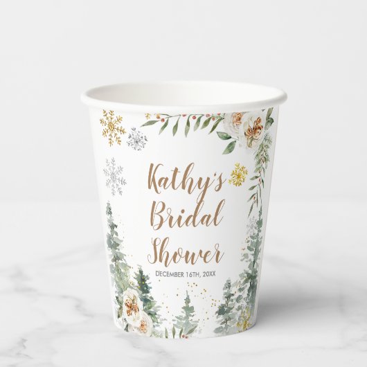 Winter White Pine Tree Baby Dusche Pappbecher (Rückseite)