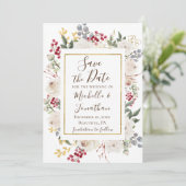 Winter White Roses Red Berries Gold Frame Save The Date (Stehend Vorderseite)