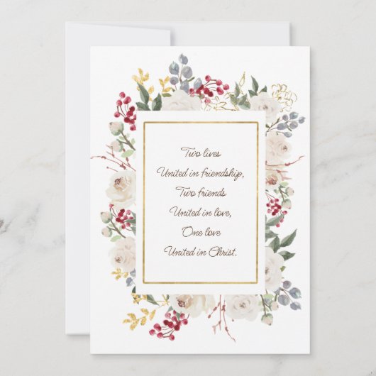 Winter White Roses Red Berries Gold Frame Save The Date (Rückseite)