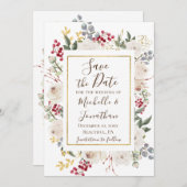 Winter White Roses Red Berries Gold Frame Save The Date (Vorne/Hinten)