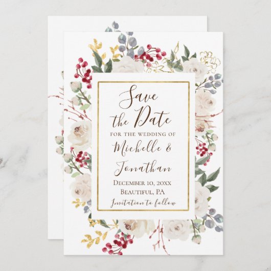 Winter White Roses Red Berries Gold Frame Save The Date (Vorne/Hinten)
