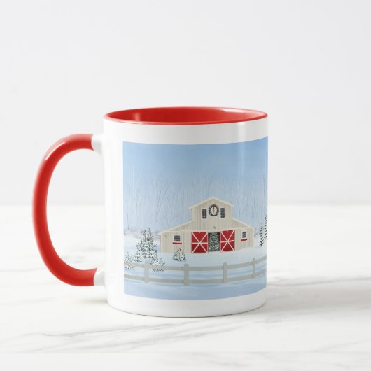Winter White Snowy Weihnachtsstall Red Doors Tasse (Links)