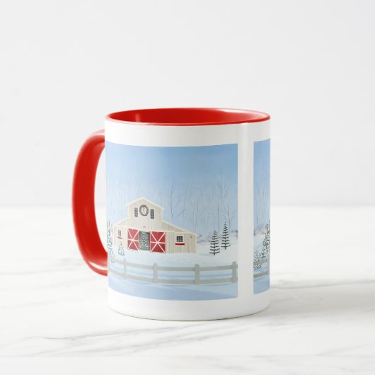 Winter White Snowy Weihnachtsstall Red Doors Tasse (Vorderseite Links)