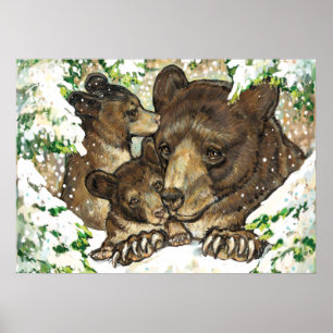 Winter Wildlife Art Black Bear Mutter und Kneipen Poster