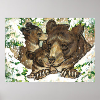 Winter Wildlife Art Black Bear Mutter und Kneipen Poster