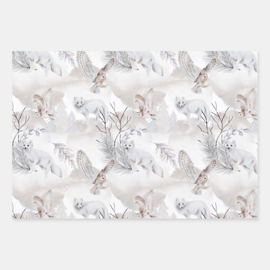 Winter Wildlife Fox Birds Ermine Saisongrün Geschenkpapier Set (Vorderseite 2)