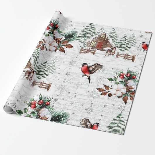 Winter Wonder Cabin Forest Bird Vintag Geschenkpapier (Ungerollt)