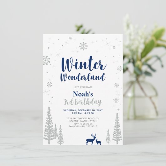 Winter Wonderland 3rd Boy Birthday Einladung (Stehend Vorderseite)