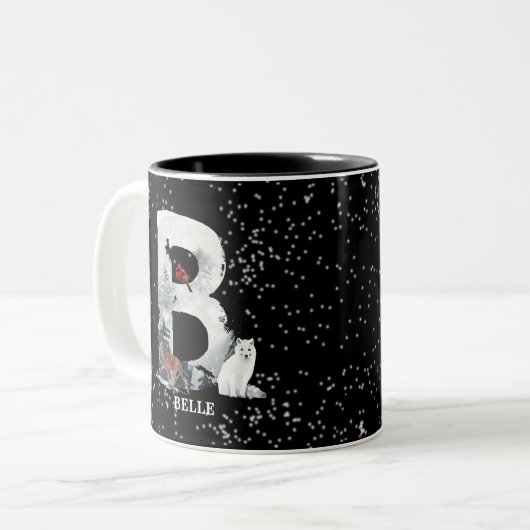 Winter Wonderland Alphabet B Monogram | Schneebolf Zweifarbige Tasse (Vorderseite Links)