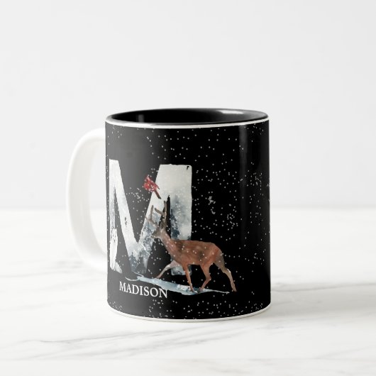 Winter Wonderland Alphabet M Monogram | Schneebolf Zweifarbige Tasse (Vorderseite Links)