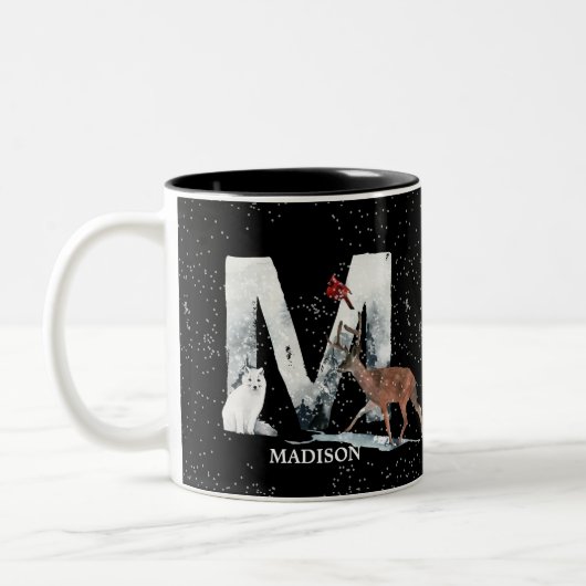 Winter Wonderland Alphabet M Monogram | Schneebolf Zweifarbige Tasse (Links)