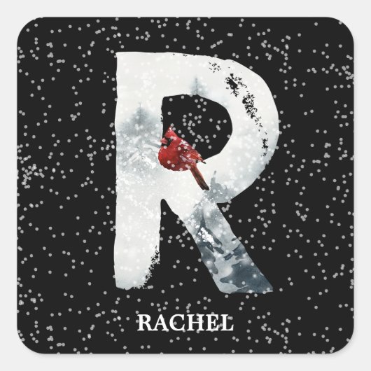 Winter Wonderland Alphabet R Monogram | Roter Voge Quadratischer Aufkleber (Vorderseite)